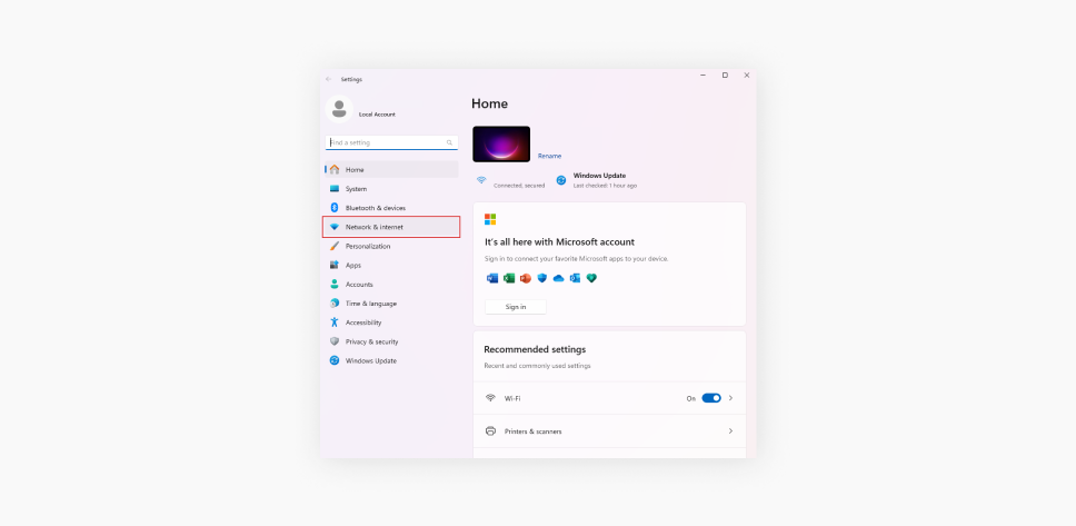 A screenshot of the Network & Internet tab under Settings