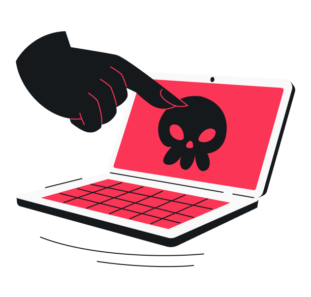 Eine dunkle Hand zeigt mit dem Zeigefinger auf einen roten Laptop-Bildschirm, auf dem ein schwarzer Totenkopf zu sehen ist.