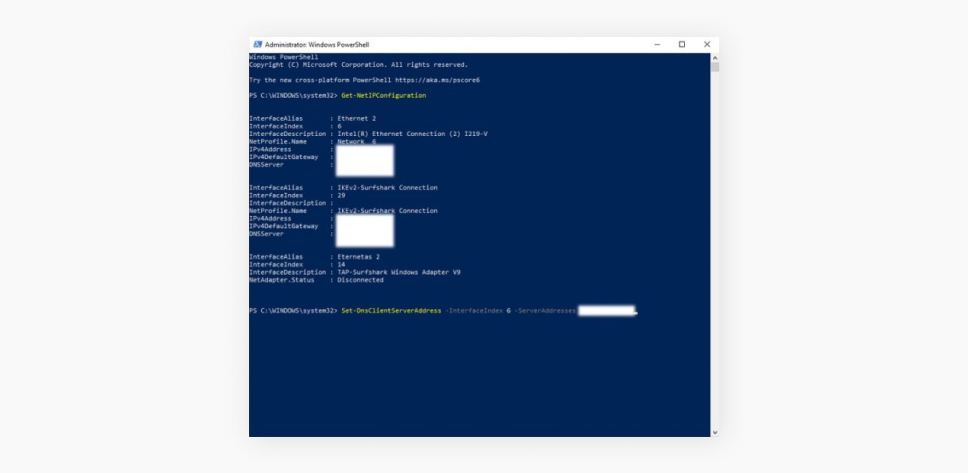 Screenshot van een Windows PowerShell-console met netwerkparameters voor het instellen van een DNS-server.