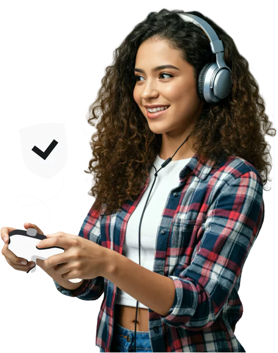 A smiling young woman with brown hair wearing a silver headset and holding a game controller next to a checkmarked shield.