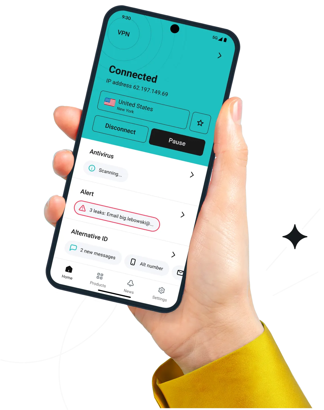 A hand holding a smartphone with an open Surfshark VPN app with tabs for Antivirus, Alert, and Alternative ID visible below.
