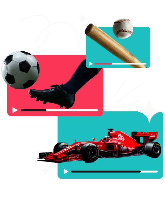 Três janelas com transmissões de vídeo mostrando esportes como beisebol, futebol e Fórmula 1.